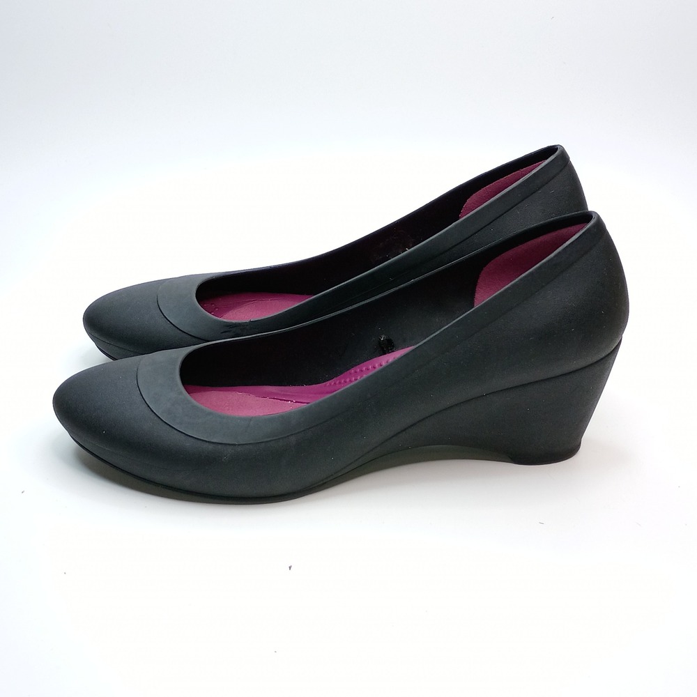 Crocs Lina Wedge Pumps Womens 10 Black Dual Comfort Round Toe Shoes J4 - Picture 3 of 9